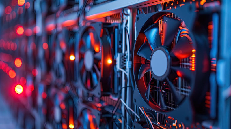 Close-up of computer fans with red and blue lighting in a blurred background